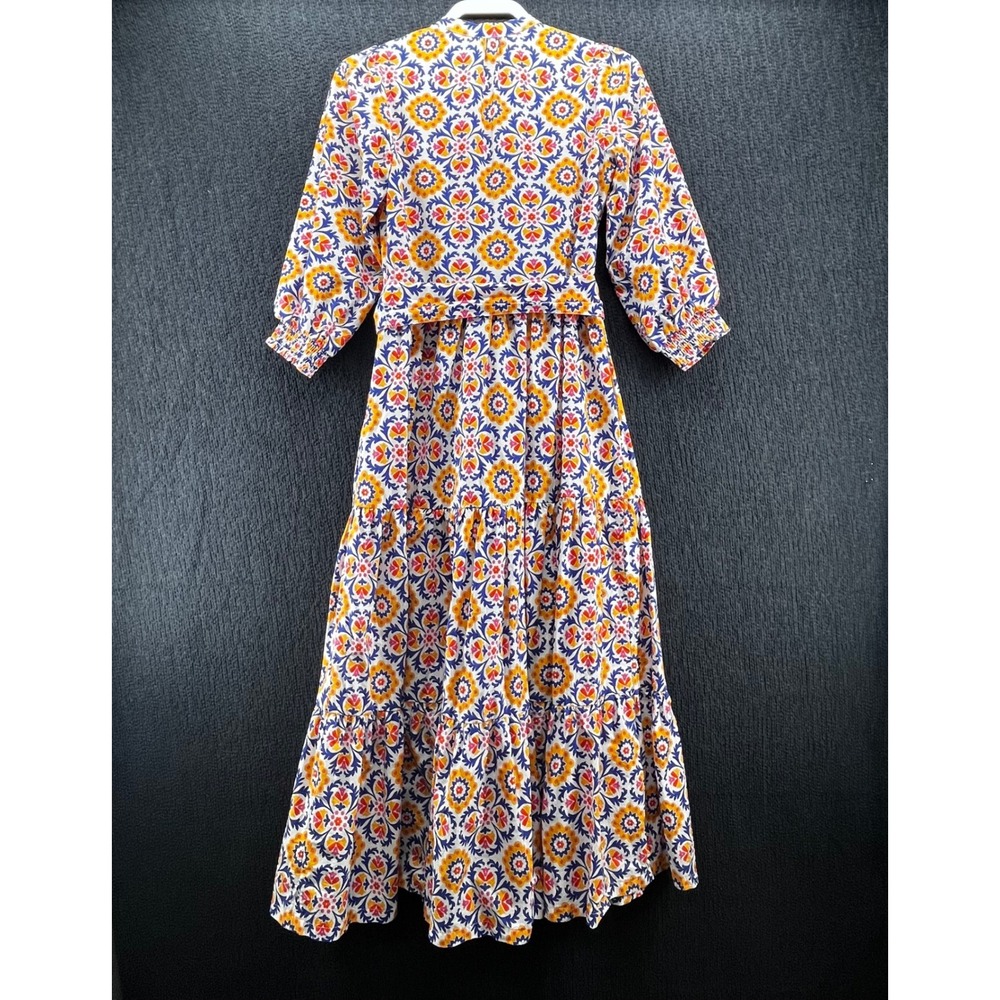Boden Alba Blue Orange Floral Cotton Tiered Maxi Dress Belted Sz 2P Mosaic Bloom - Picture 2 of 9